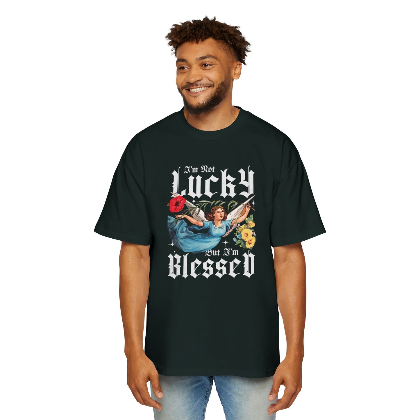 I'm Not Lucky But I'm Blessed Oversized T-Shirt | Christian Faith Tee | Premium Heavy Weight Vintage Angel Design | Gratitude Apparel | Faith & Flow