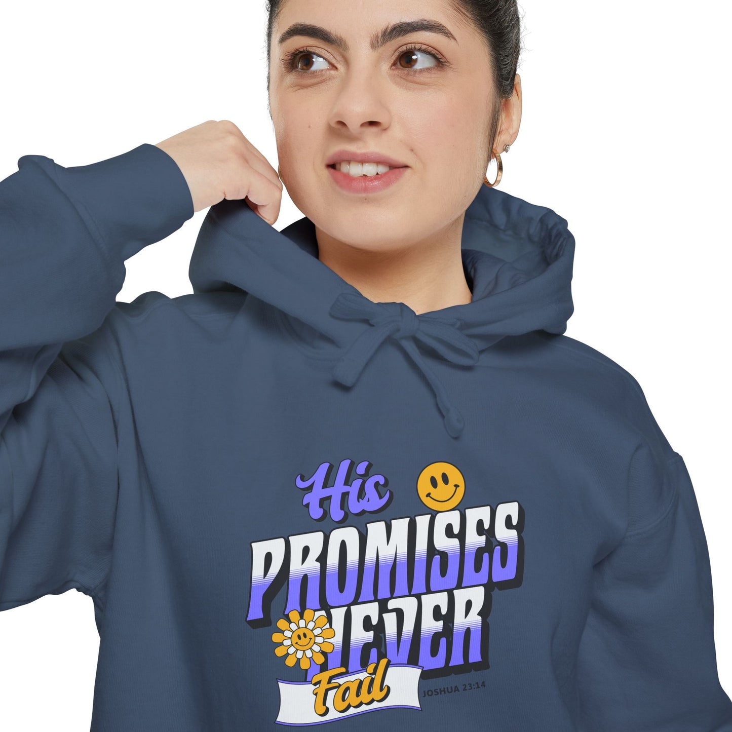 His Promises Never Fail Women's Christian Hoodie | Faith-Based Sweatshirt with Scripture | Joshua 23:14 | Retro Inspirational Design | Faith & Flow