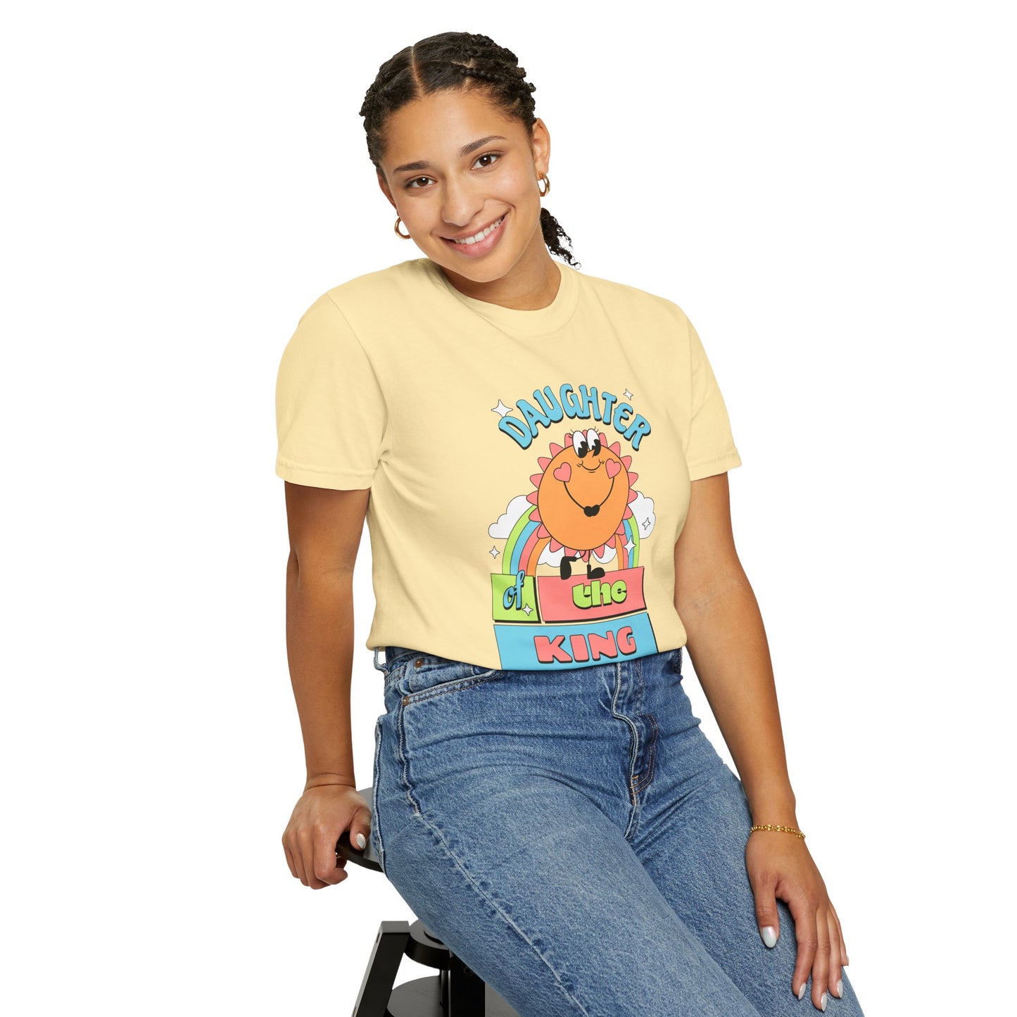 Daughter of the King Women's Christian T-Shirt | Faith-Based Tee with Rainbow & Sunshine Design | Inspirational Royal Identity Shirt | Faith & Flow