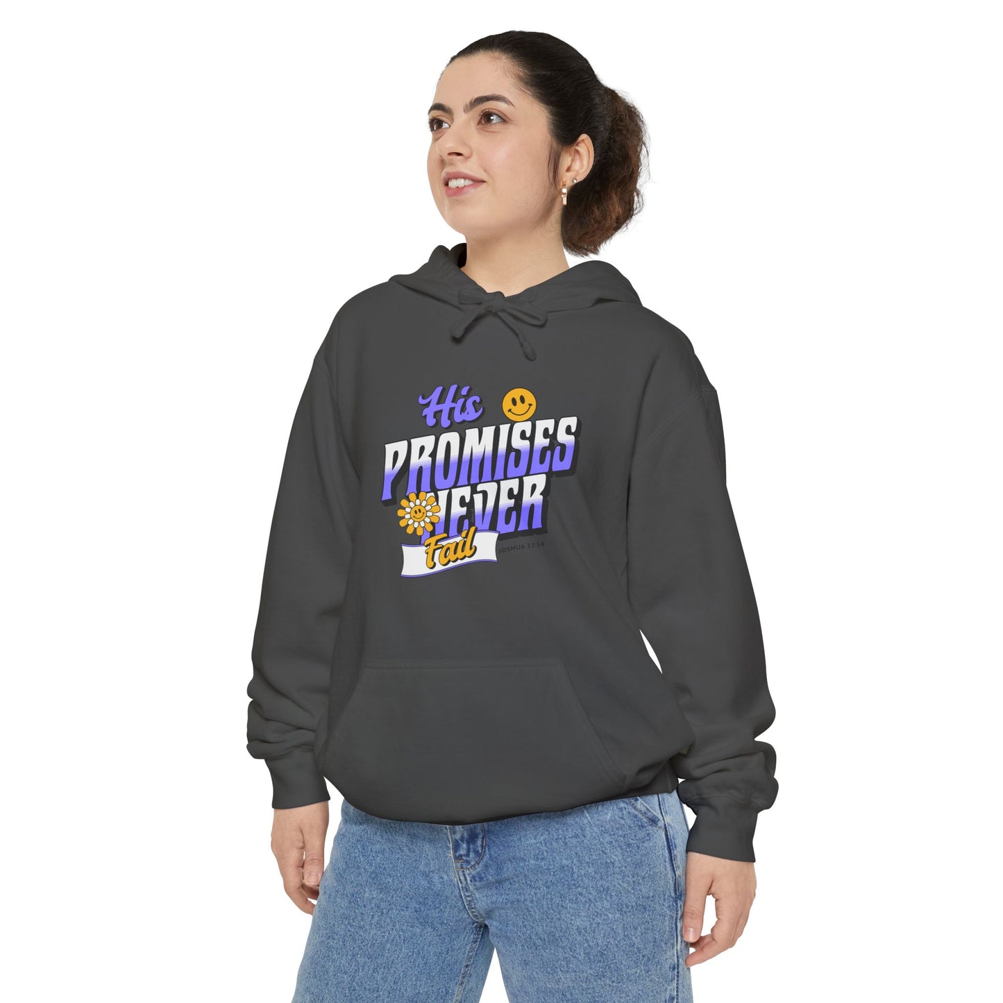 His Promises Never Fail Women's Christian Hoodie | Faith-Based Sweatshirt with Scripture | Joshua 23:14 | Retro Inspirational Design | Faith & Flow