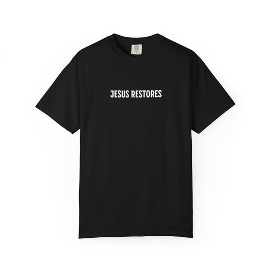 Jesus Restores Women's Christian T-Shirt | Faith-Based Scripture Tee with Butterflies & Floral Design | 1 Peter 5:10, 2 Corinthians 5:17, John 10:10 | Inspirational Faith Apparel | Faith & Flow