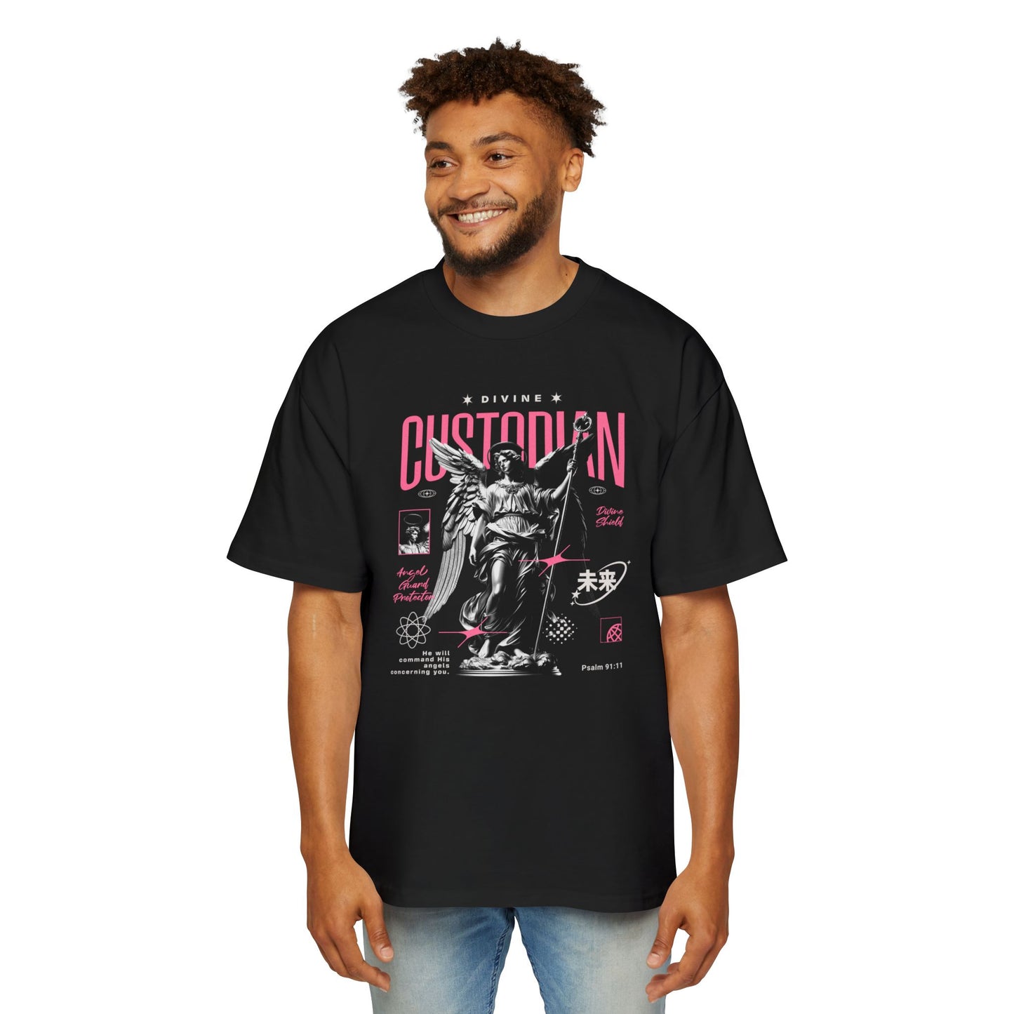 Divine Custodian Oversize T-Shirt | Psalm 91:11 | Premium Heavy Weight Christian Oversized Tee | Angel Guard Protection | Faith & Flow