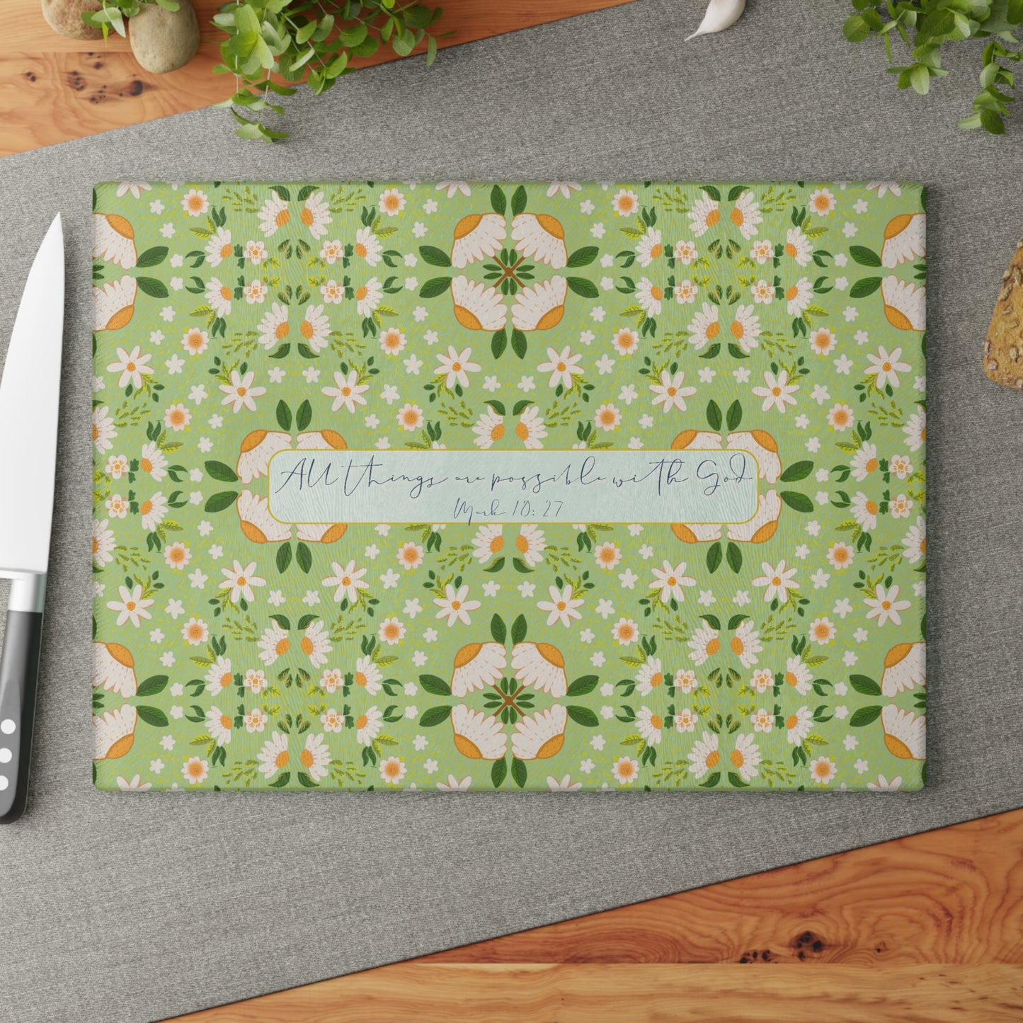 Floral Glass Cutting Board - 'All Things Are Possible' Inspirational Kitchen Decor