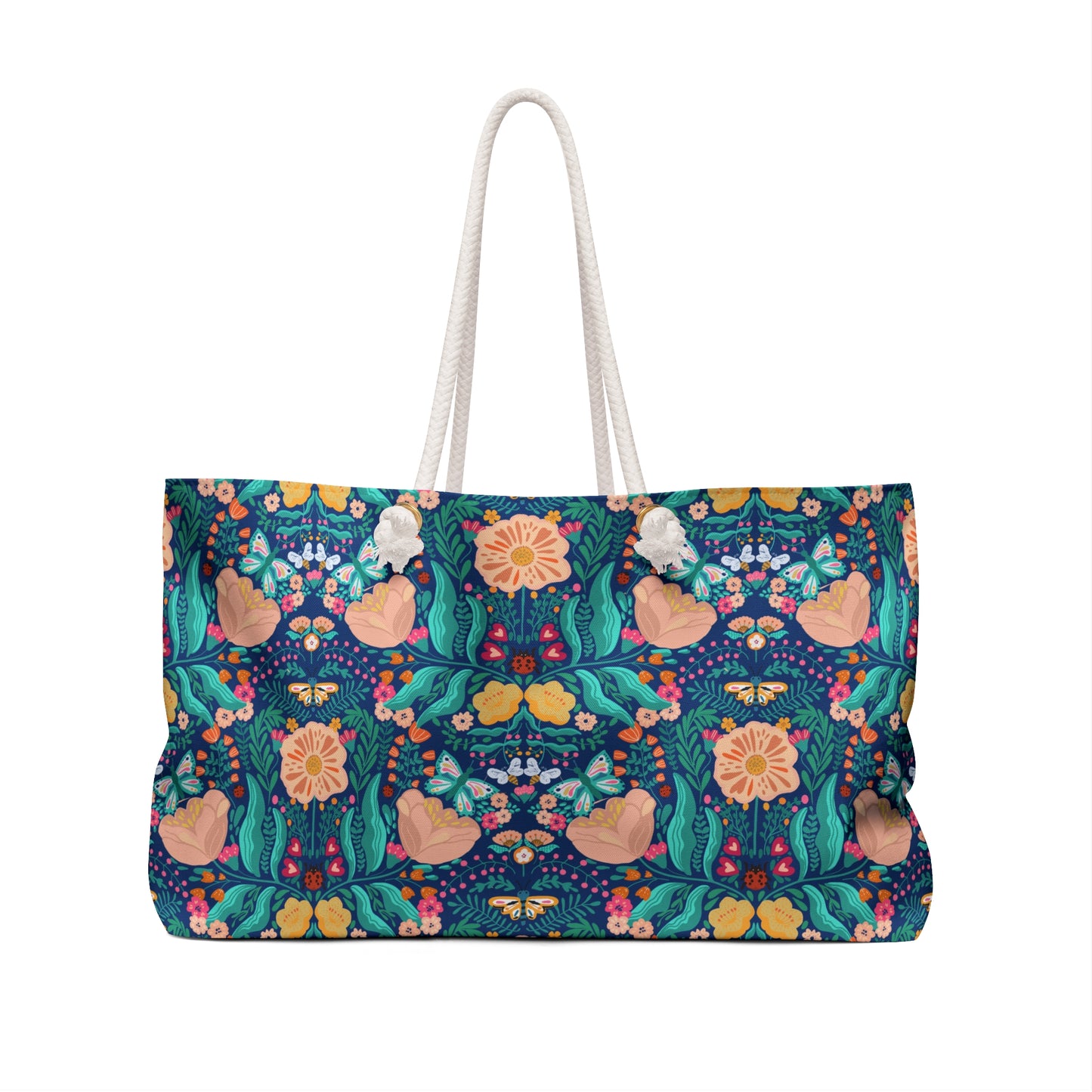 Blue Gardens Floral Christian Weekender Bag | Faith-Inspired Travel Tote with Matthew 6:33