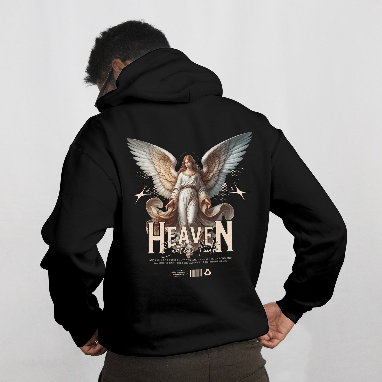Heaven Endless Faith Oversized Hoodie | 2 Corinthians 6:18 Christian Hoodie | Angel Wings Design | Premium Garment-Dyed Cotton