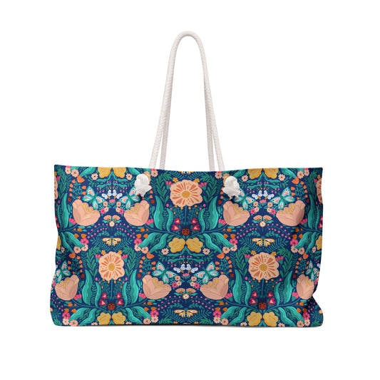 Blue Gardens Floral Christian Weekender Bag | Faith-Inspired Travel Tote with Matthew 6:33