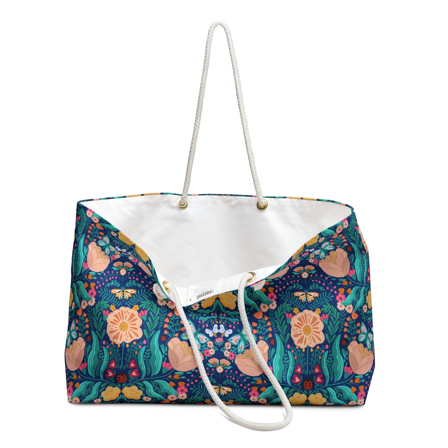 Blue Gardens Floral Christian Weekender Bag | Faith-Inspired Travel Tote with Matthew 6:33