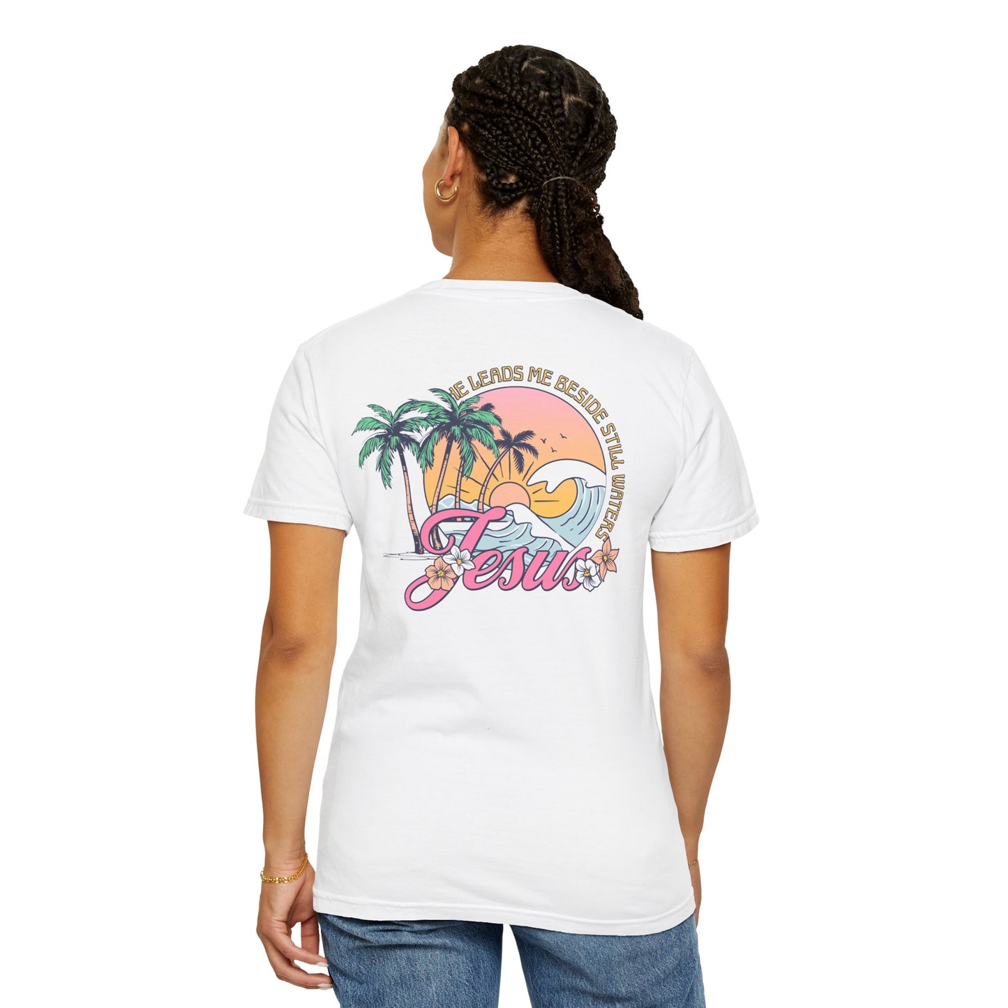 Women's Christian Beach Tee — He Leads Me Beside Still Waters | Psalm 23