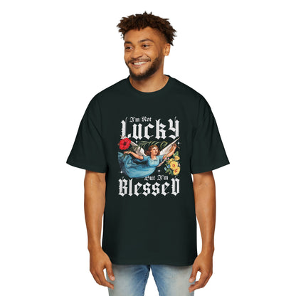 I'm Not Lucky But I'm Blessed Oversized T-Shirt | Christian Faith Tee | Premium Heavy Weight Vintage Angel Design | Gratitude Apparel | Faith & Flow