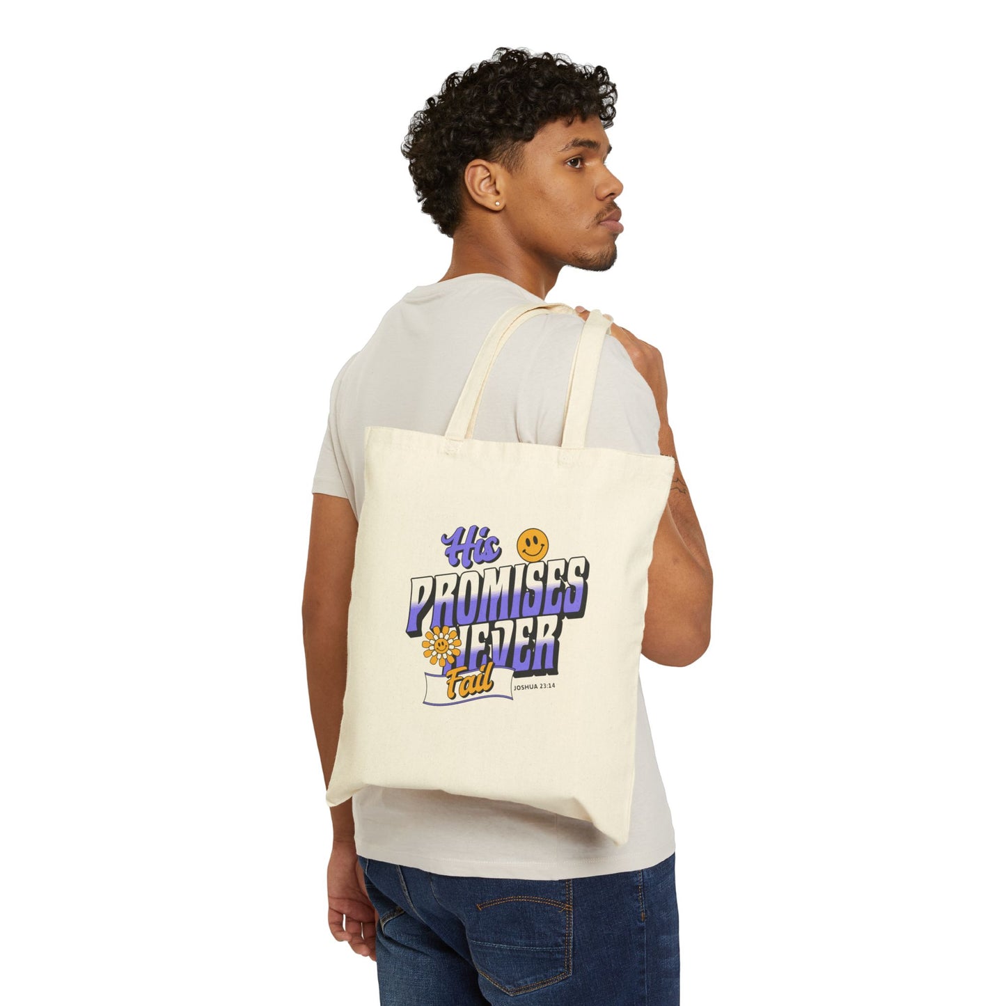 His Promises Never Fail Christian Tote Bag | Faith-Based Canvas Bag with Scripture | Joshua 23:14 | Retro Inspirational Design | Faith & Flow