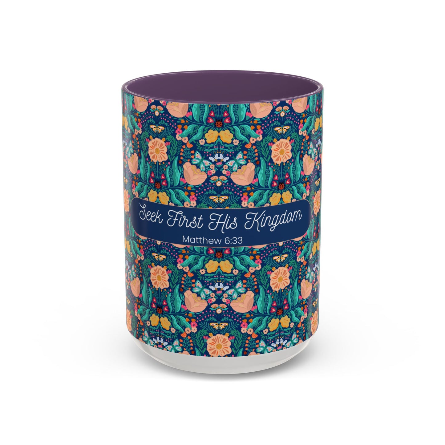 Inspirational Floral Accent Coffee Mug - Seek First His Kingdom - Matthew 6:33