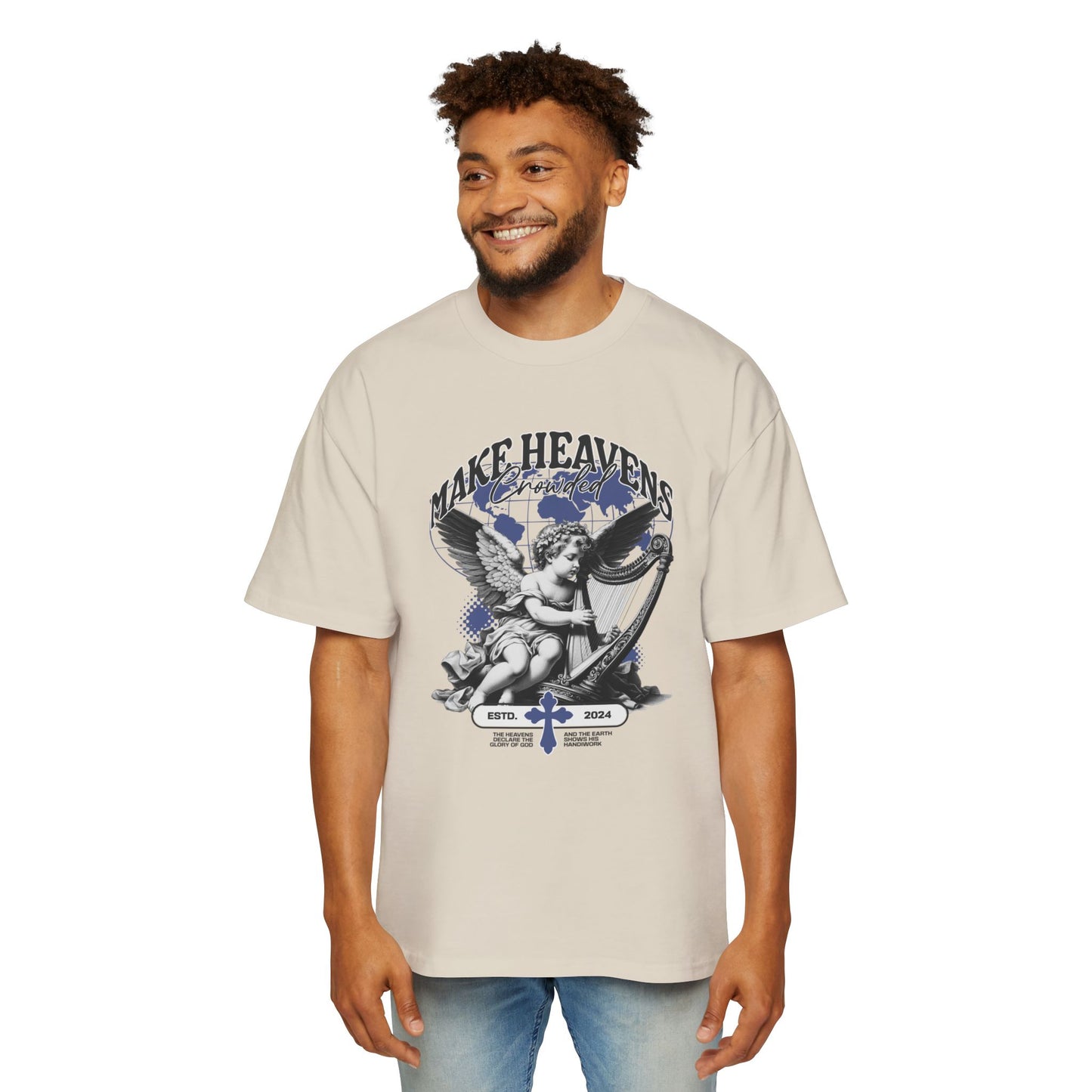 Make Heaven Crowded Oversized T-Shirt | Christian Worship Tee | Premium Heavy Weight Faith Apparel | Angel Harp Design | Faith & Flow