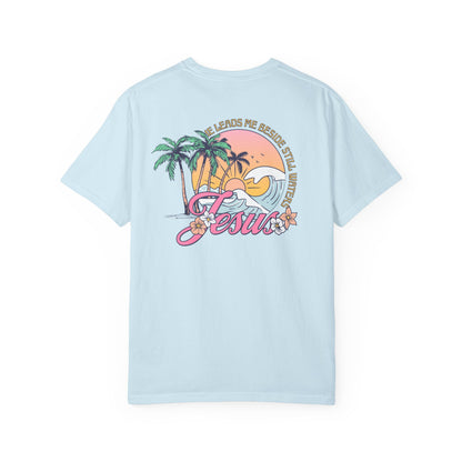 Women's Christian Beach Tee — He Leads Me Beside Still Waters | Psalm 23