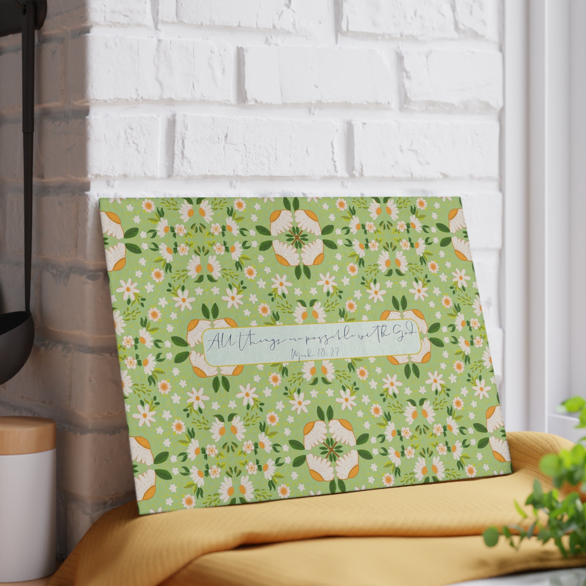 all things are possible christian glass cutting board mark 10:27 floral