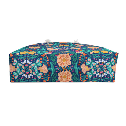 Blue Gardens Floral Christian Weekender Bag | Faith-Inspired Travel Tote with Matthew 6:33