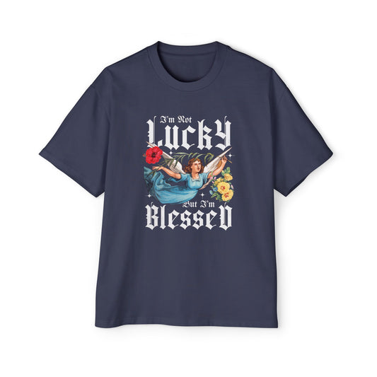 I'm Not Lucky But I'm Blessed Oversized T-Shirt | Christian Faith Tee | Premium Heavy Weight Vintage Angel Design | Gratitude Apparel | Faith & Flow