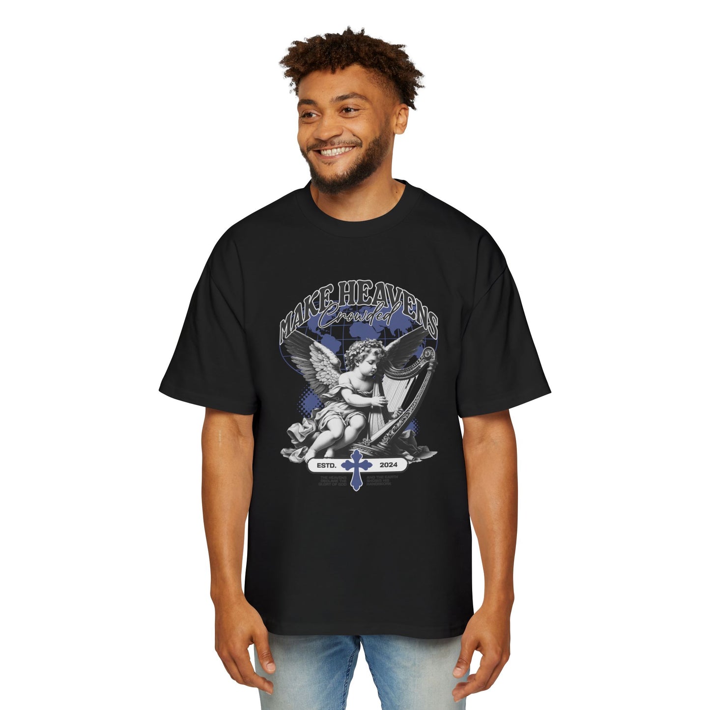 Make Heaven Crowded Oversized T-Shirt | Christian Worship Tee | Premium Heavy Weight Faith Apparel | Angel Harp Design | Faith & Flow