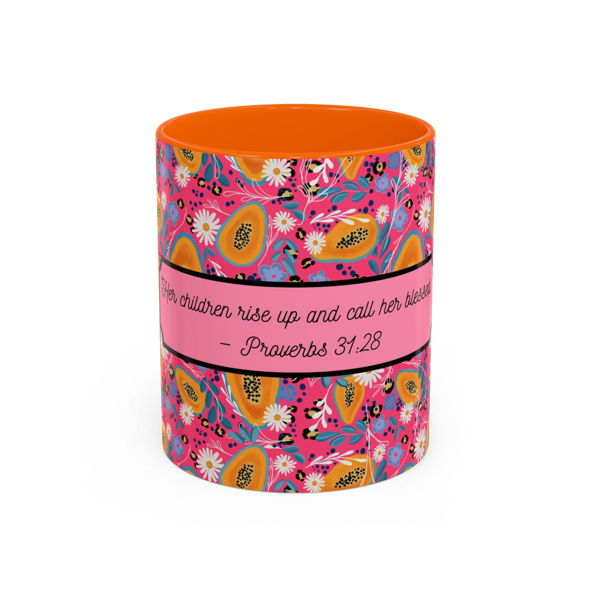 proverbs 31:28 orange floral mug christian women faith and flow