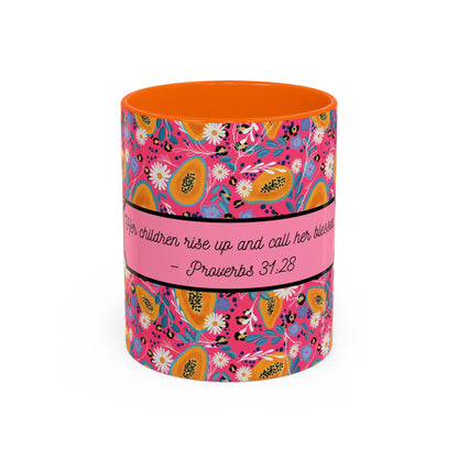 proverbs 31:28 orange floral mug christian women faith and flow