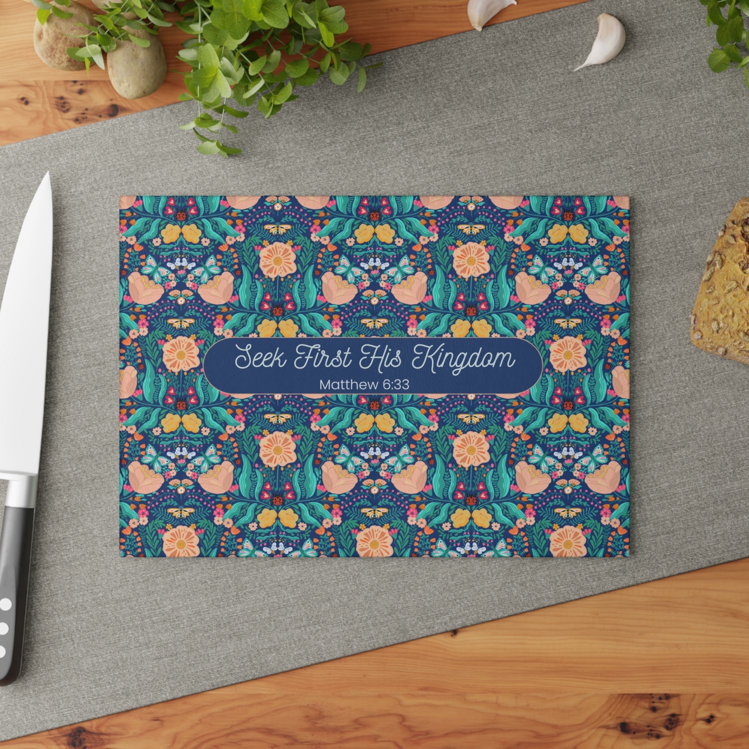 seek first his kingdom christian glass cutting board matthew 6:33 kitchen decor