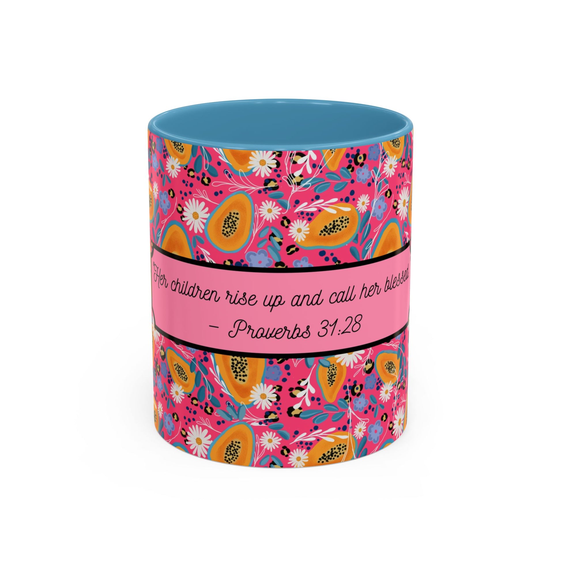 christian mug light blue floral proverbs 31:28 faith gift