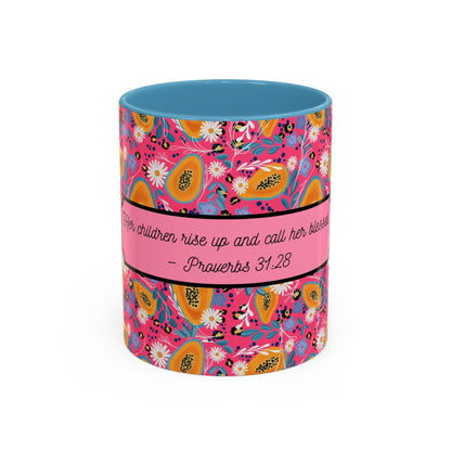 christian mug light blue floral proverbs 31:28 faith gift