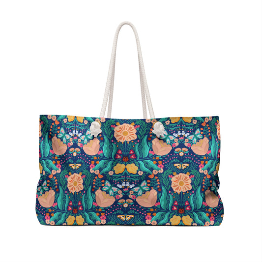 Blue Gardens Floral Christian Weekender Bag | Faith-Inspired Travel Tote with Matthew 6:33