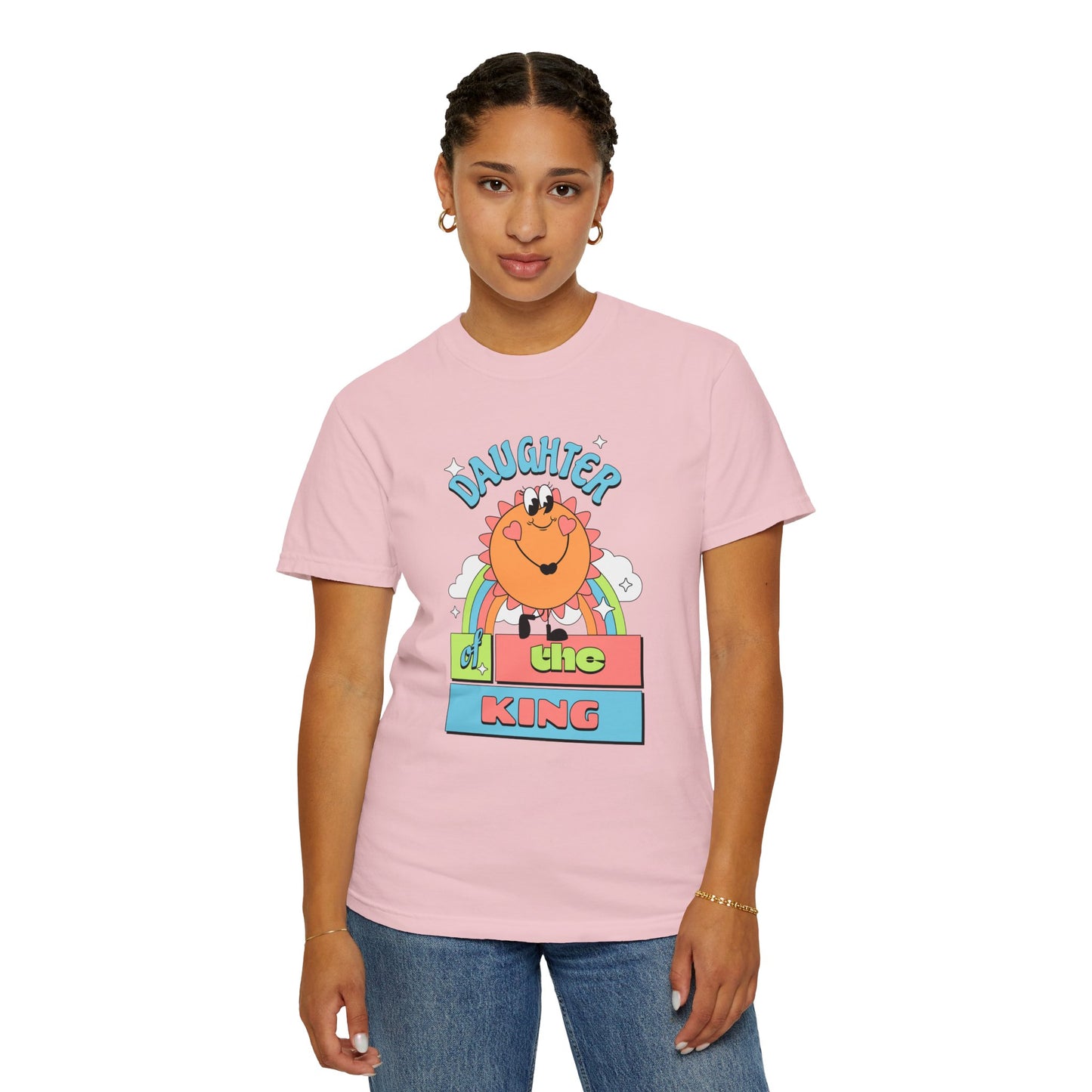 Daughter of the King Women's Christian T-Shirt | Faith-Based Tee with Rainbow & Sunshine Design | Inspirational Royal Identity Shirt | Faith & Flow