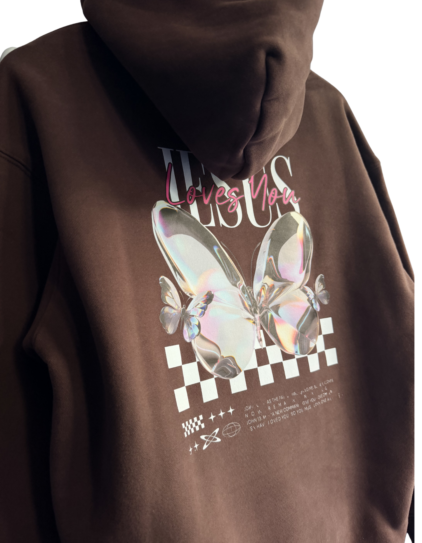 Womens Premium Christian Hoodie Jesus Loves You Butterfly (John 15:9, John 13:34) – Heavyweight Pullover