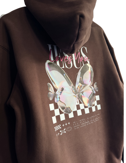 Womens Premium Christian Hoodie Jesus Loves You Butterfly (John 15:9, John 13:34) – Heavyweight Pullover