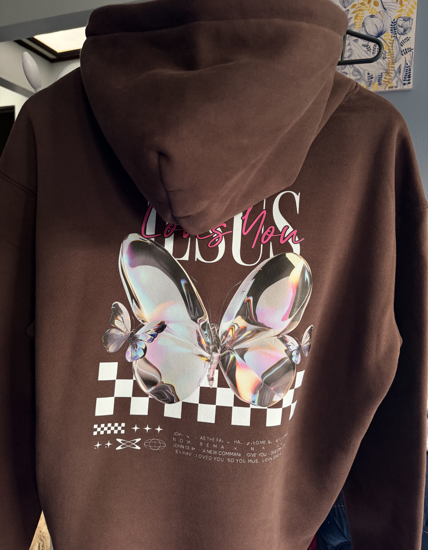 Womens Premium Christian Hoodie Jesus Loves You Butterfly (John 15:9, John 13:34) – Heavyweight Pullover