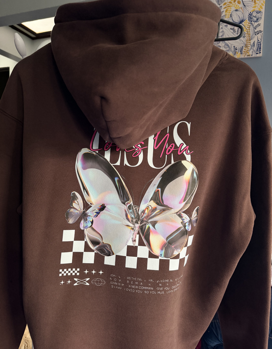 Womens Premium Christian Hoodie Jesus Loves You Butterfly (John 15:9, John 13:34) – Heavyweight Pullover