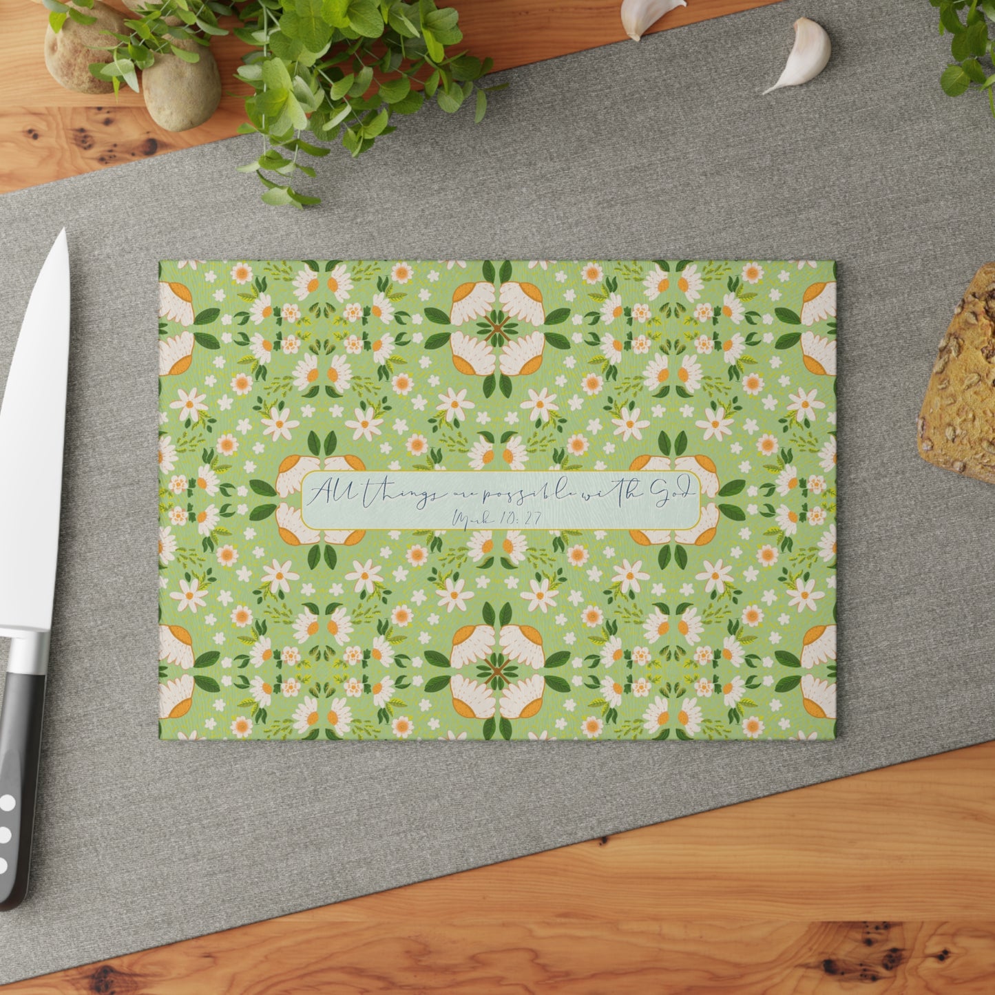 Floral Glass Cutting Board - 'All Things Are Possible' Inspirational Kitchen Decor