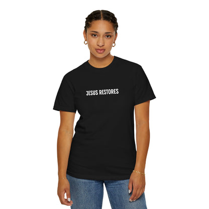 Jesus Restores Women's Christian T-Shirt | Faith-Based Scripture Tee with Butterflies & Floral Design | 1 Peter 5:10, 2 Corinthians 5:17, John 10:10 | Inspirational Faith Apparel | Faith & Flow