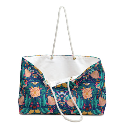 Blue Gardens Floral Christian Weekender Bag | Faith-Inspired Travel Tote with Matthew 6:33