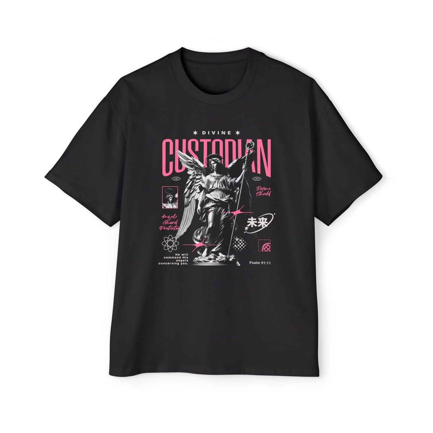 Divine Custodian Oversize T-Shirt | Psalm 91:11 | Premium Heavy Weight Christian Oversized Tee | Angel Guard Protection | Faith & Flow