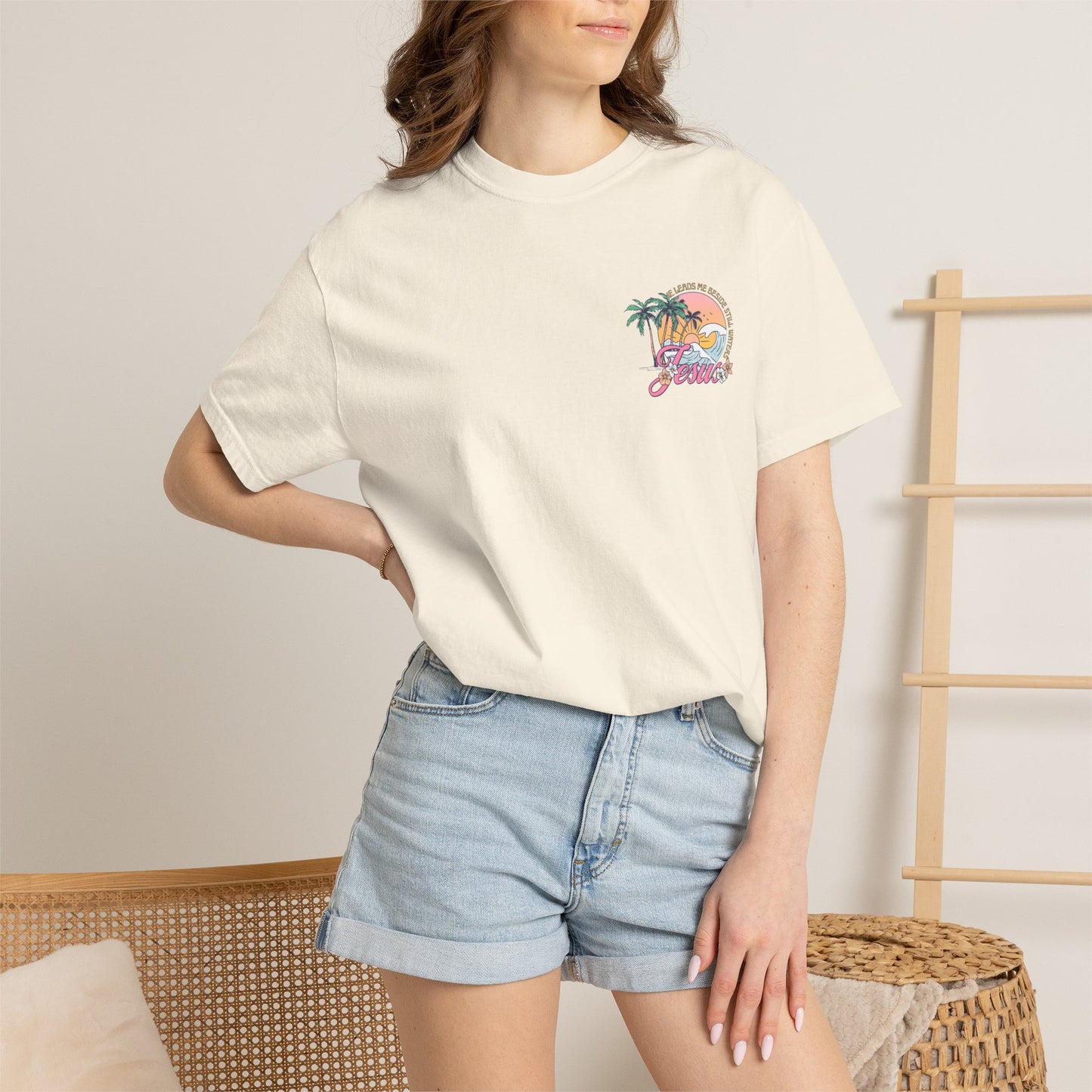 Women's Christian Beach Tee — He Leads Me Beside Still Waters | Psalm 23