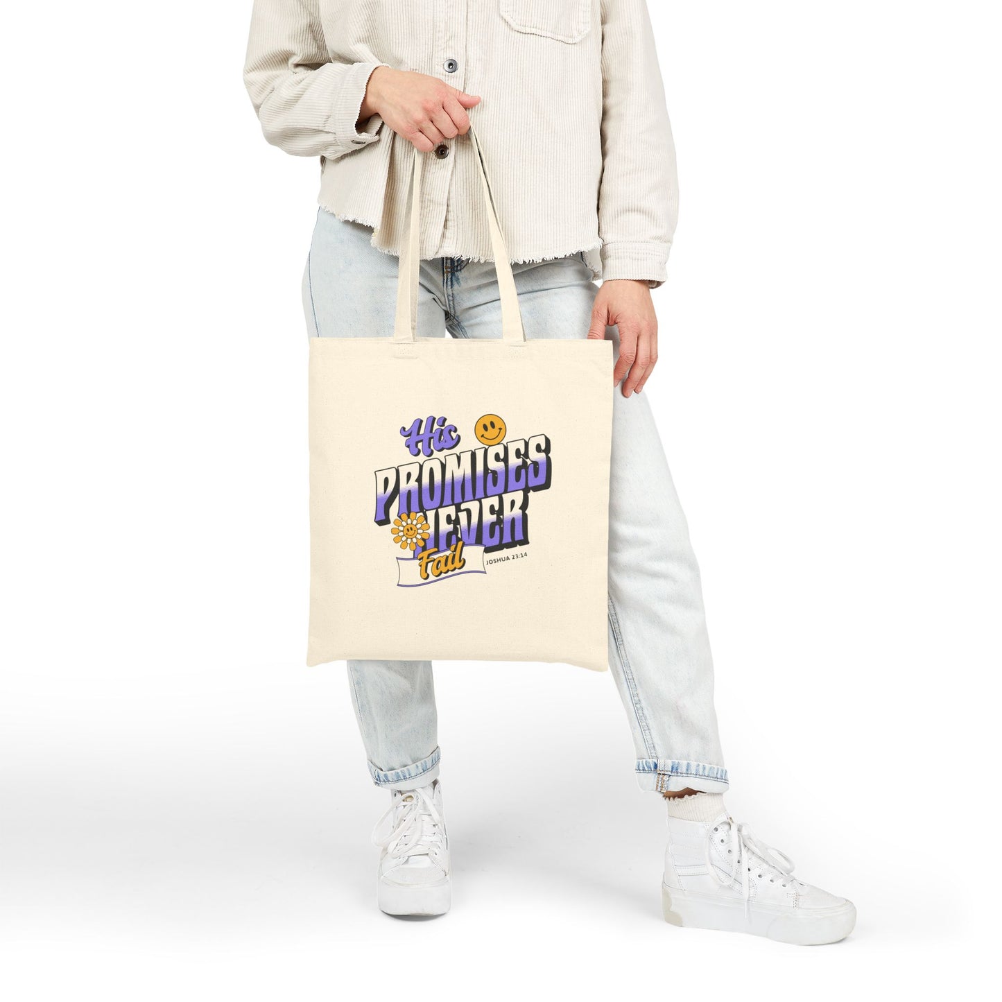His Promises Never Fail Christian Tote Bag | Faith-Based Canvas Bag with Scripture | Joshua 23:14 | Retro Inspirational Design | Faith & Flow