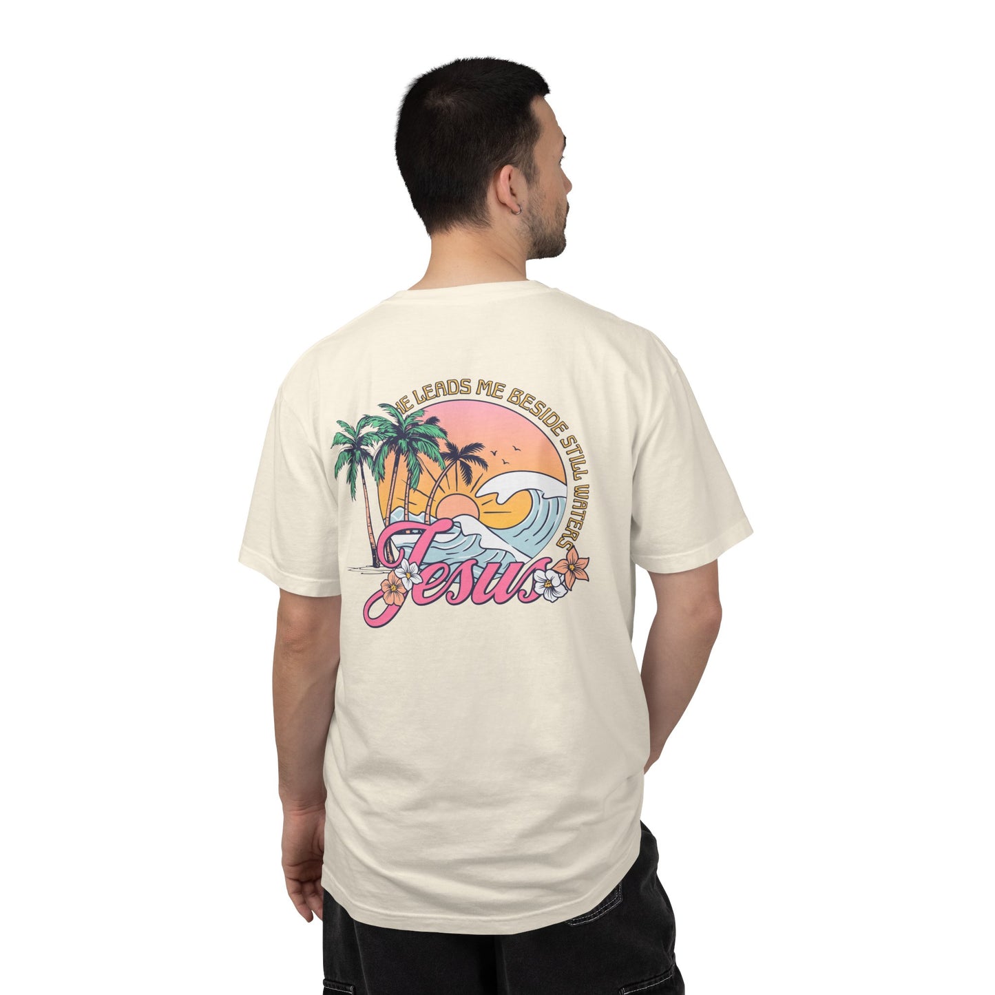 Women's Christian Beach Tee — He Leads Me Beside Still Waters | Psalm 23