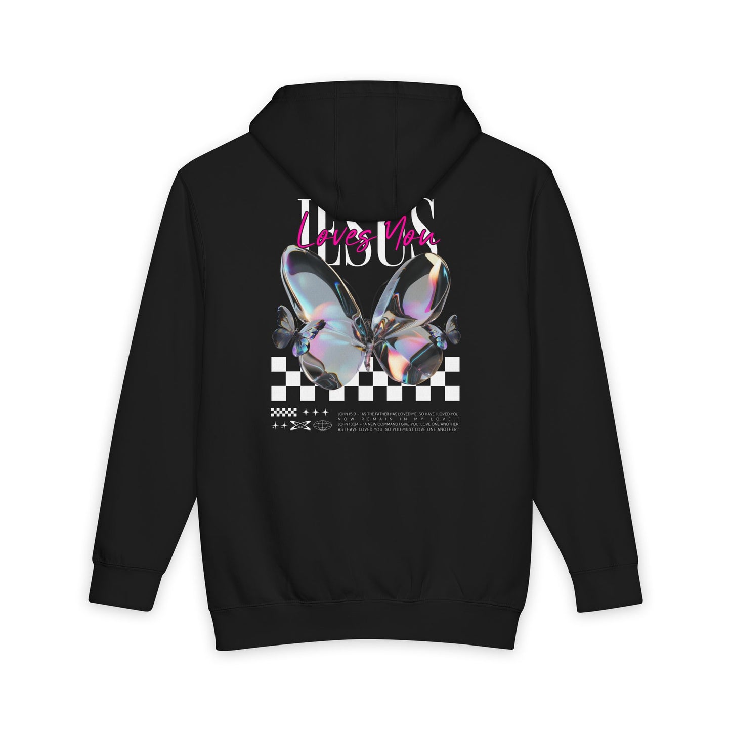Womens Premium Christian Hoodie Jesus Loves You Butterfly (John 15:9, John 13:34) – Heavyweight Pullover