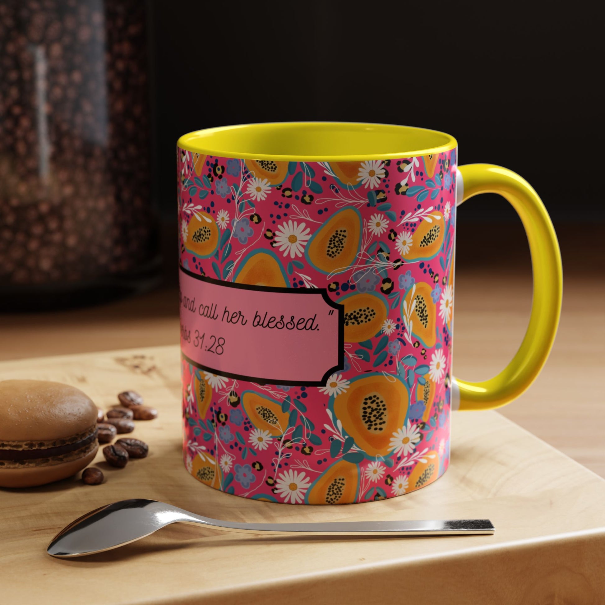 christian floral coffee mug detail proverbs 31:28 women faith