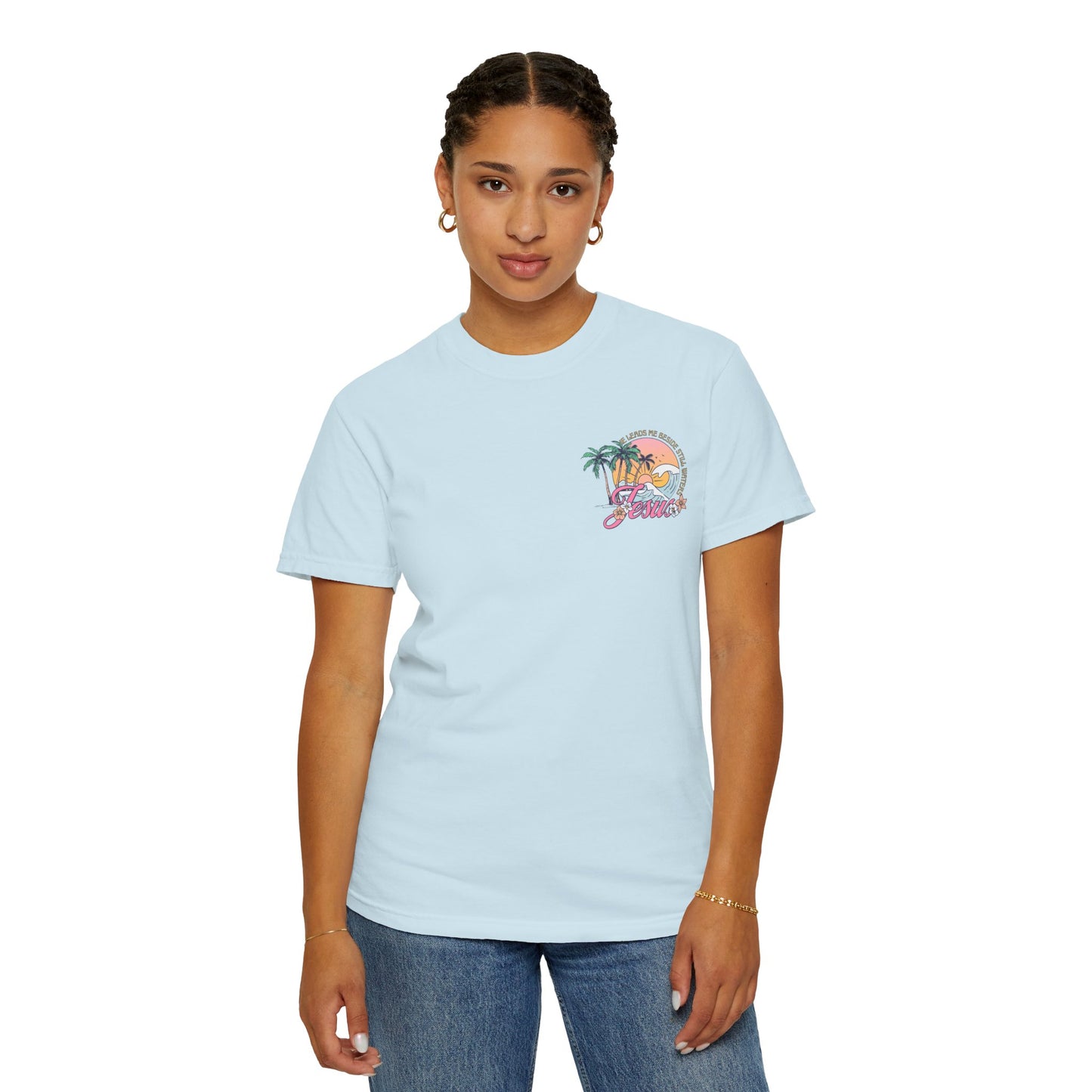 Women's Christian Beach Tee — He Leads Me Beside Still Waters | Psalm 23