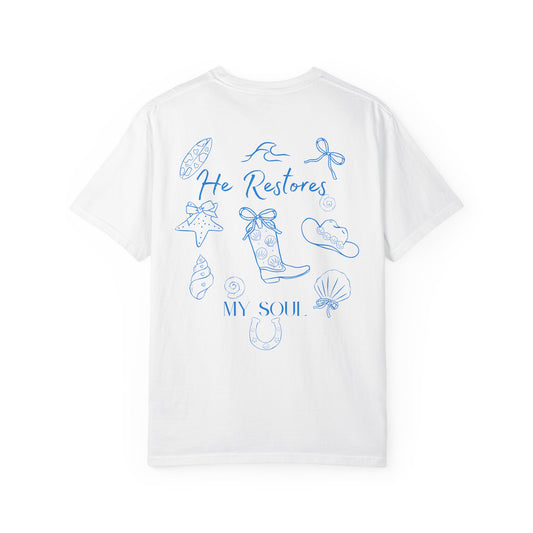 He Restores My Soul T-Shirt for Women – Christian Coastal Cowgirl Tee – Psalm 23:3 Bible Verse Shirt