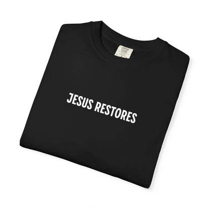 Jesus Restores Women's Christian T-Shirt | Faith-Based Scripture Tee with Butterflies & Floral Design | 1 Peter 5:10, 2 Corinthians 5:17, John 10:10 | Inspirational Faith Apparel | Faith & Flow