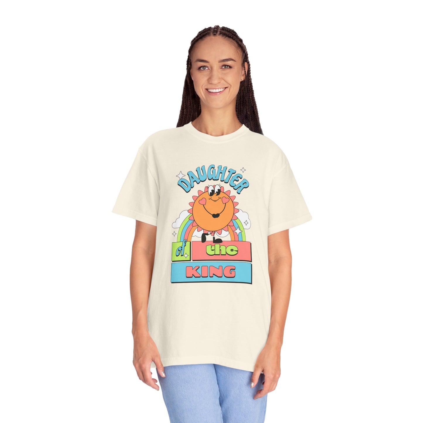 Daughter of the King Women's Christian T-Shirt | Faith-Based Tee with Rainbow & Sunshine Design | Inspirational Royal Identity Shirt | Faith & Flow
