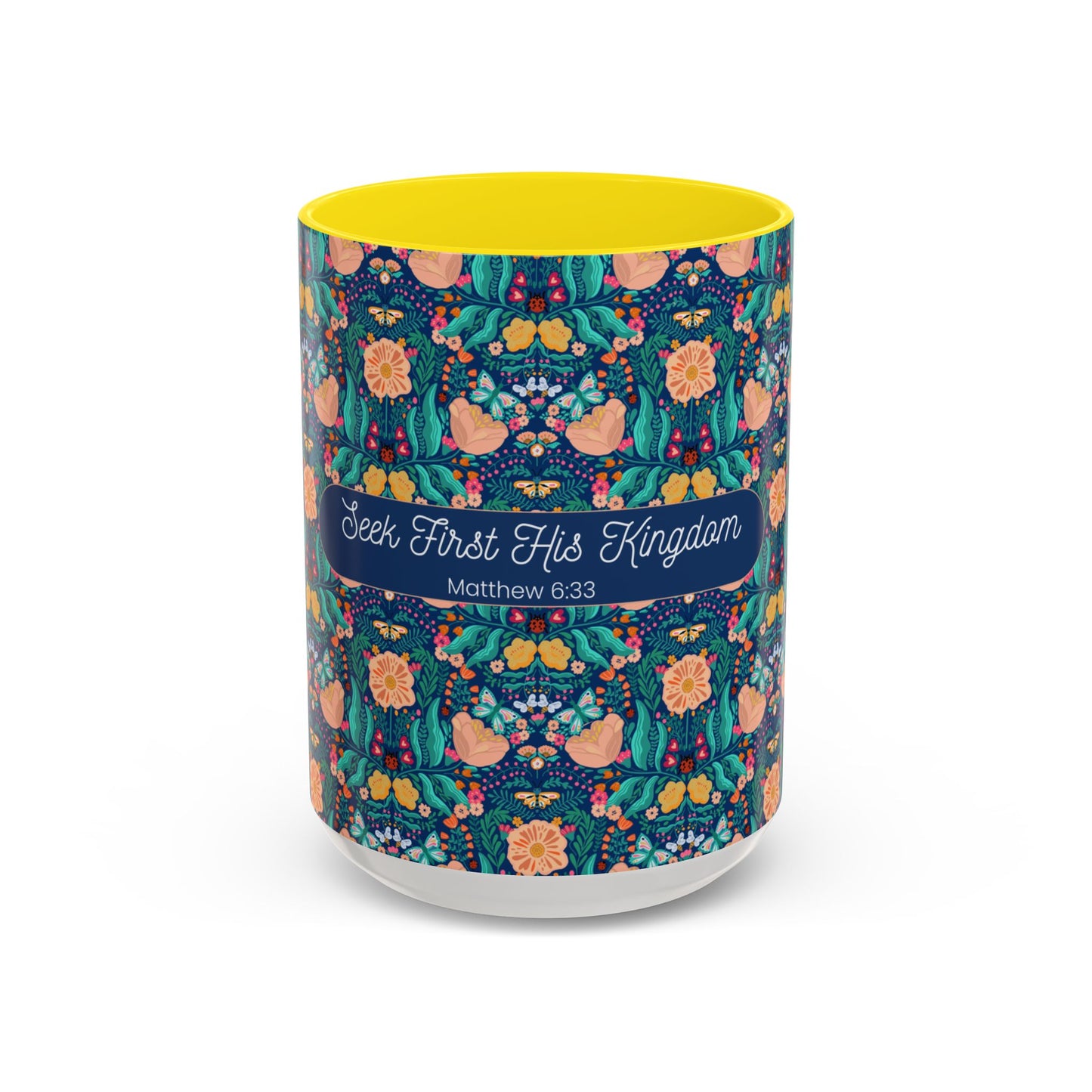 Inspirational Floral Accent Coffee Mug - Seek First His Kingdom - Matthew 6:33